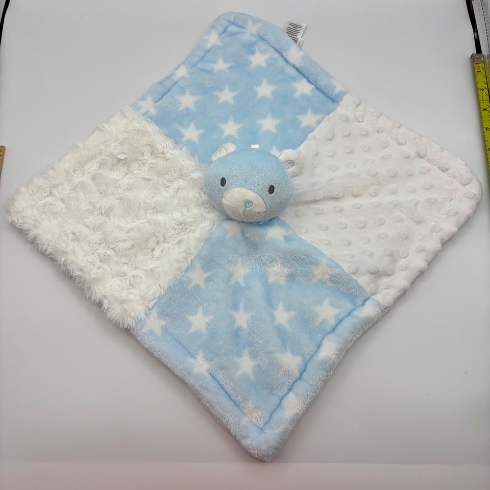 Baby Essentials Blue White Bear Patchwork Lovey Star Minky Security Blanket 14"